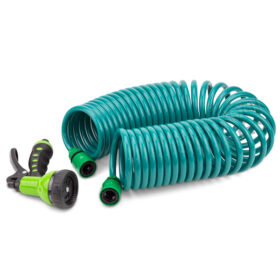 Coiled Garden Hose with a 7 pattern Nozzle – 12m / 40ft