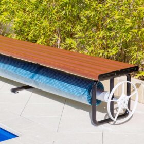 Daisy Under Bench Pool Cover Roller – Western Red Cedar – Solar Powered